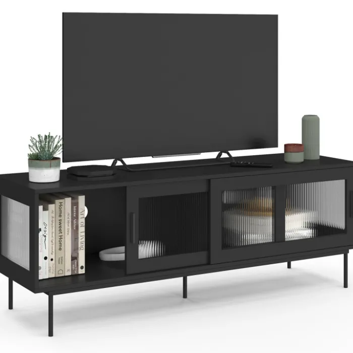 Meuble TV 140 cm 2 portes coulissantes vitrées façade cannelée noir