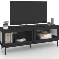 Meuble TV 140 cm 2 portes coulissantes vitrées façade cannelée noir