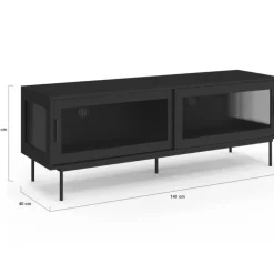 Meuble TV 140 cm 2 portes coulissantes vitrées façade cannelée noir