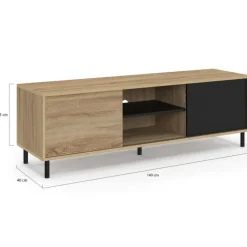 Meuble TV 140 cm 2 portes coulissantes réversibles effet bois et noir montage sans outils