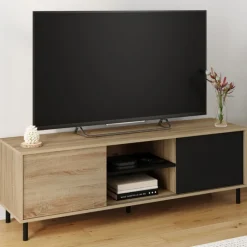 Meuble TV 140 cm 2 portes coulissantes réversibles effet bois et noir montage sans outils