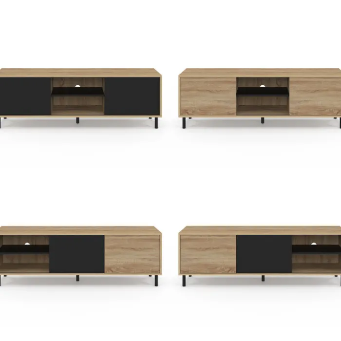 Meuble TV 140 cm 2 portes coulissantes réversibles effet bois et noir montage sans outils