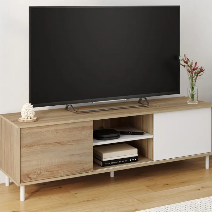 Meuble TV 140 cm 2 portes coulissantes réversibles effet bois et blanc montage sans outils