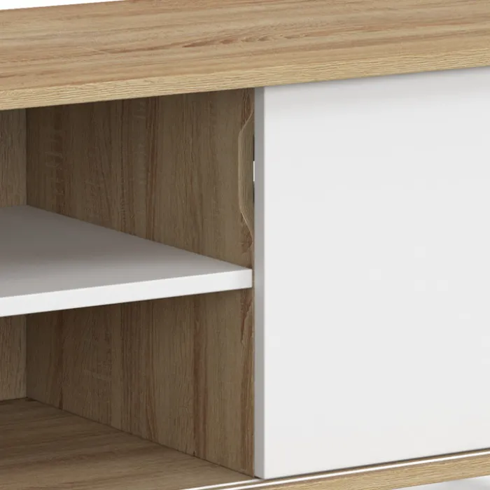 Meuble TV 140 cm 2 portes coulissantes réversibles effet bois et blanc montage sans outils
