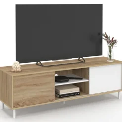 Meuble TV 140 cm 2 portes coulissantes réversibles effet bois et blanc montage sans outils