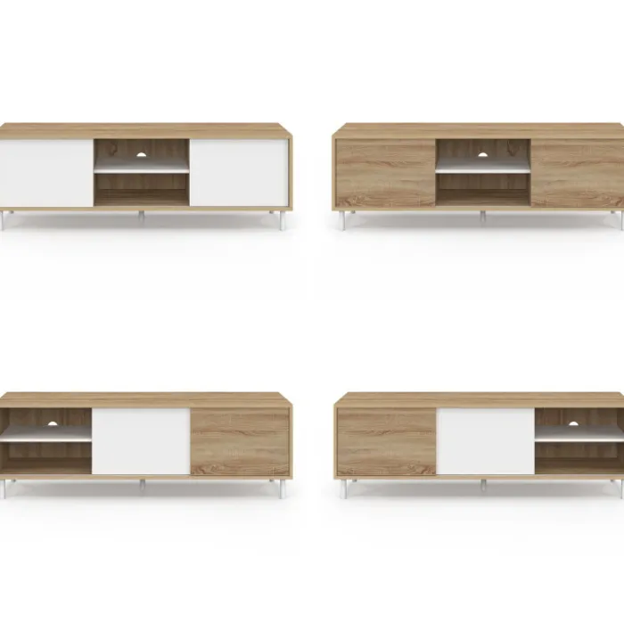 Meuble TV 140 cm 2 portes coulissantes réversibles effet bois et blanc montage sans outils
