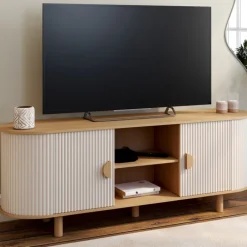 Meuble TV 140 cm 2 portes effet cannelé beige et bois