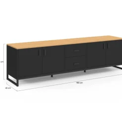 Meuble TV 180 cm 4 portes et 2 tiroirs bois et noir