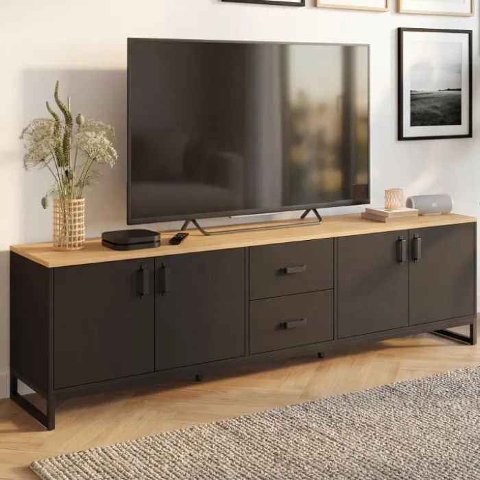 Meuble TV 180 cm 4 portes et 2 tiroirs bois et noir