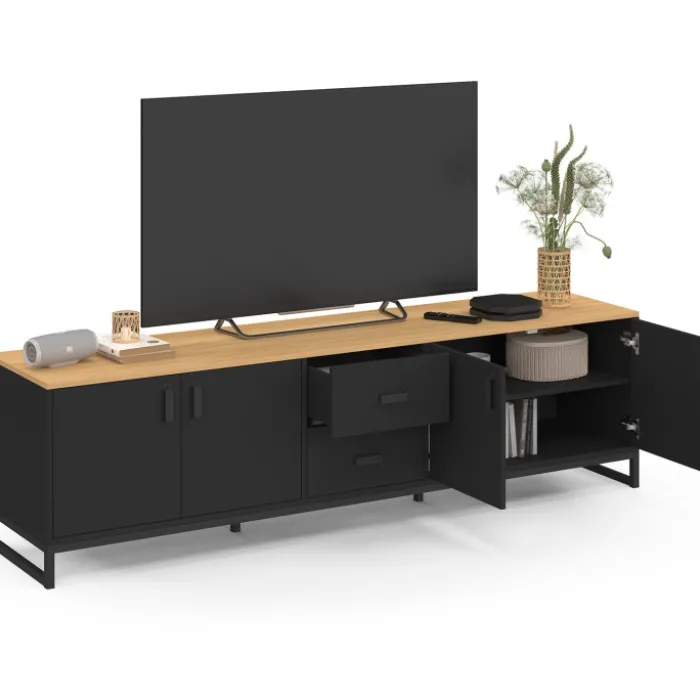 Meuble TV 180 cm 4 portes et 2 tiroirs bois et noir