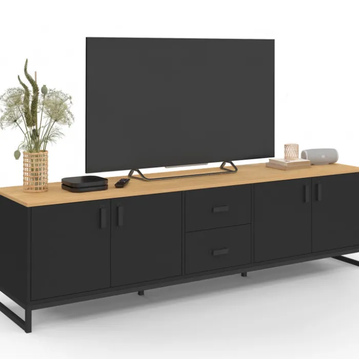 Meuble TV 180 cm 4 portes et 2 tiroirs bois et noir
