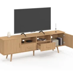 Meuble TV 180 cm 2 portes et 2 tiroirs lattes tasseau bois coloris chêne
