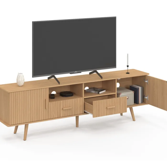 Meuble TV 180 cm 2 portes et 2 tiroirs lattes tasseau bois coloris chêne