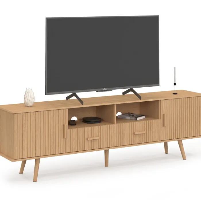 Meuble TV 180 cm 2 portes et 2 tiroirs lattes tasseau bois coloris chêne