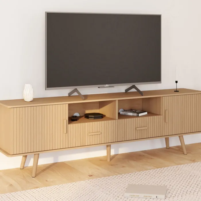 Meuble TV 180 cm 2 portes et 2 tiroirs lattes tasseau bois coloris chêne