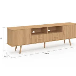 Meuble TV 180 cm 2 portes et 2 tiroirs lattes tasseau bois coloris chêne