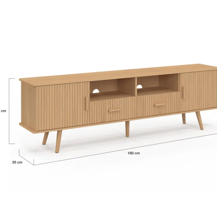 Meuble TV 180 cm 2 portes et 2 tiroirs lattes tasseau bois coloris chêne
