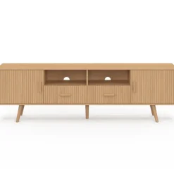 Meuble TV 180 cm 2 portes et 2 tiroirs lattes tasseau bois coloris chêne