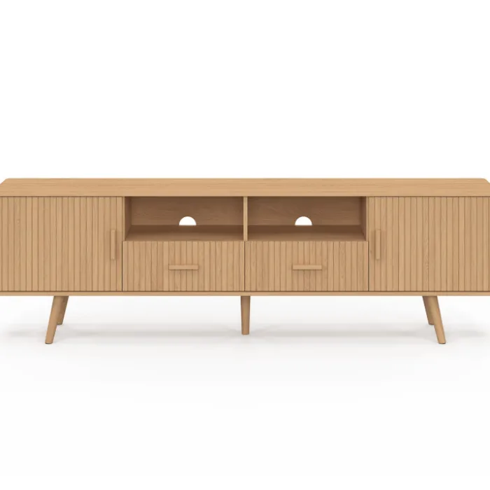 Meuble TV 180 cm 2 portes et 2 tiroirs lattes tasseau bois coloris chêne
