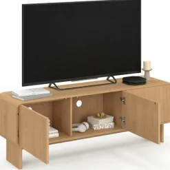 Meuble TV 140 cm 3 portes façon hêtre design arrondi