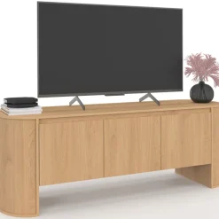 Meuble TV 140 cm 3 portes façon hêtre design arrondi