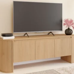 Meuble TV 140 cm 3 portes façon hêtre design arrondi