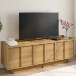 Meuble TV 140 cm 3 portes façon hêtre design minimaliste