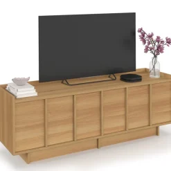 Meuble TV 140 cm 3 portes façon hêtre design minimaliste