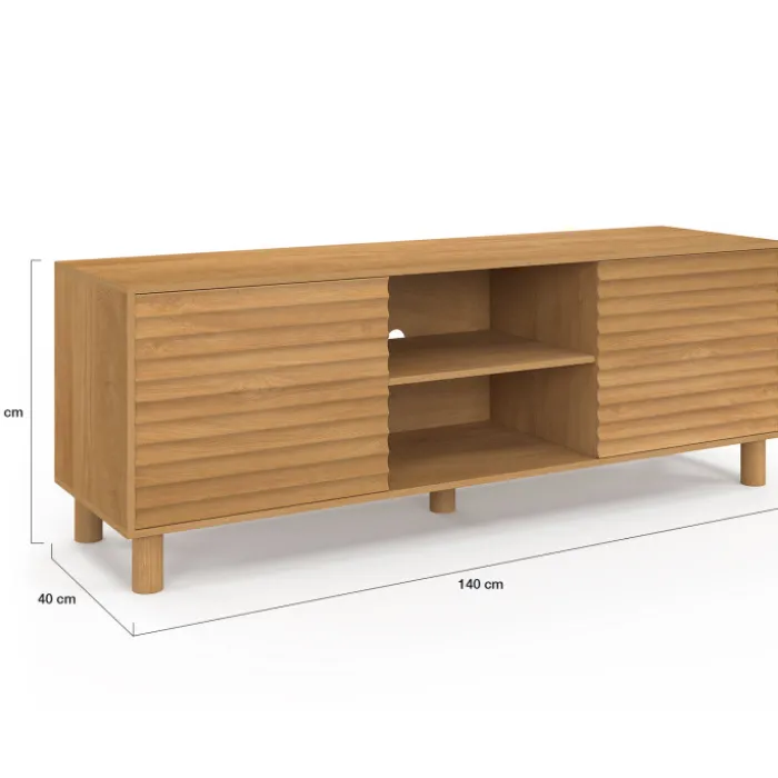 Meuble TV 140 cm 2 portes lattes tasseau bois coloris chêne