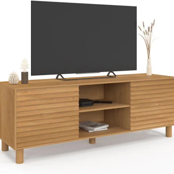 Meuble TV 140 cm 2 portes lattes tasseau bois coloris chêne