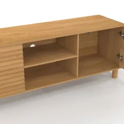 Meuble TV 140 cm 2 portes lattes tasseau bois coloris chêne