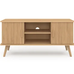 Meuble TV 110 cm avec 2 portes effet lattes tasseau bois
