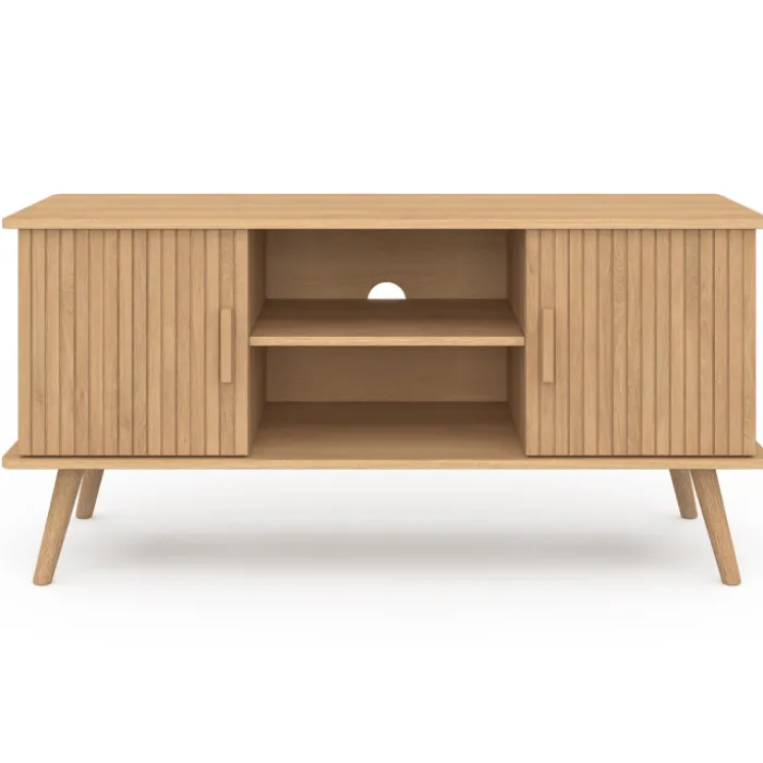 Meuble TV 110 cm avec 2 portes effet lattes tasseau bois