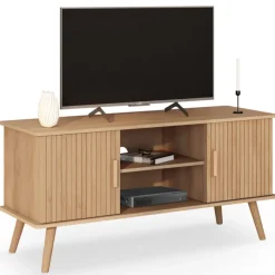 Meuble TV 110 cm avec 2 portes effet lattes tasseau bois