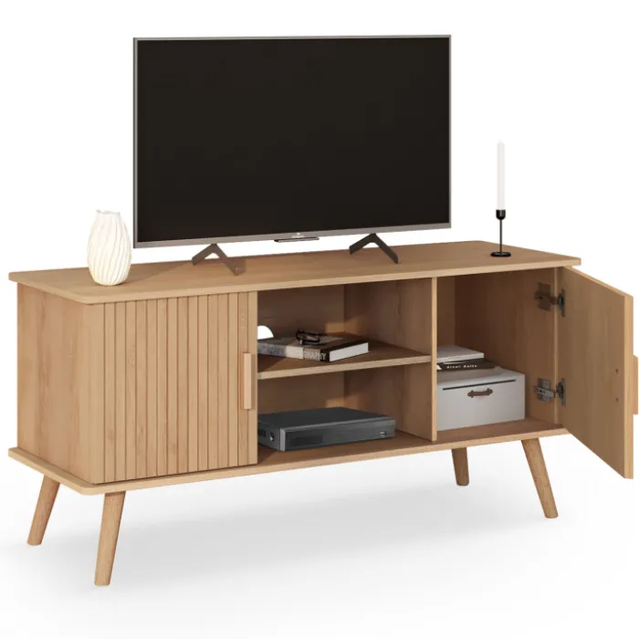 Meuble TV 110 cm avec 2 portes effet lattes tasseau bois
