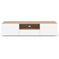 Meuble TV 140 cm bois façon hêtre portes blanches
