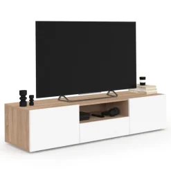 Meuble TV 140 cm bois façon hêtre portes blanches
