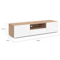 Meuble TV 140 cm bois façon hêtre portes blanches