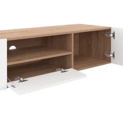 Meuble TV 140 cm bois façon hêtre portes blanches