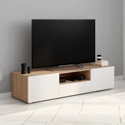 Meuble TV 140 cm bois façon hêtre portes blanches