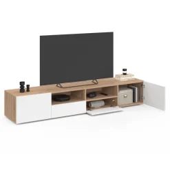 Meuble TV 180 cm bois façon hêtre portes blanches