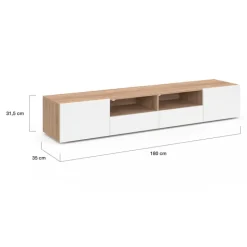 Meuble TV 180 cm bois façon hêtre portes blanches