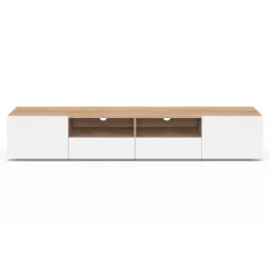 Meuble TV 180 cm bois façon hêtre portes blanches