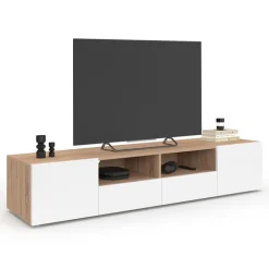 Meuble TV 180 cm bois façon hêtre portes blanches