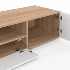 Meuble TV 180 cm bois façon hêtre portes blanches