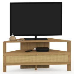Meuble TV 100 cm d'angle 1 porte effet naturel cannage