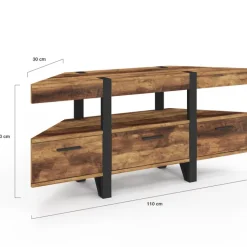 Meuble TV 110 cm d'angle bois pied épingle avec tiroirs