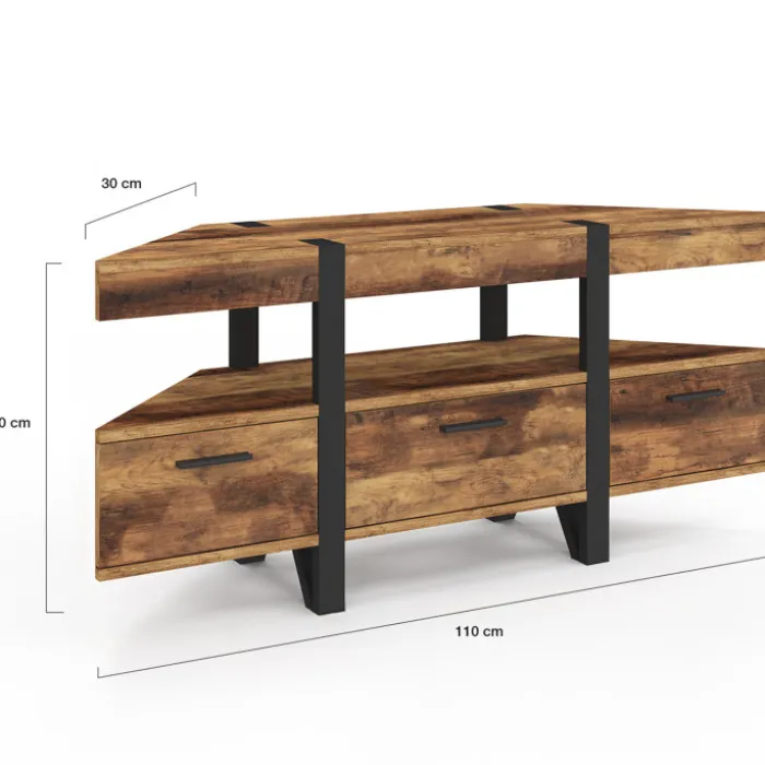 Meuble TV 110 cm d'angle bois pied épingle avec tiroirs
