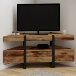 Meuble TV 110 cm d'angle bois pied épingle avec tiroirs