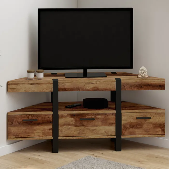 Meuble TV 110 cm d'angle bois pied épingle avec tiroirs